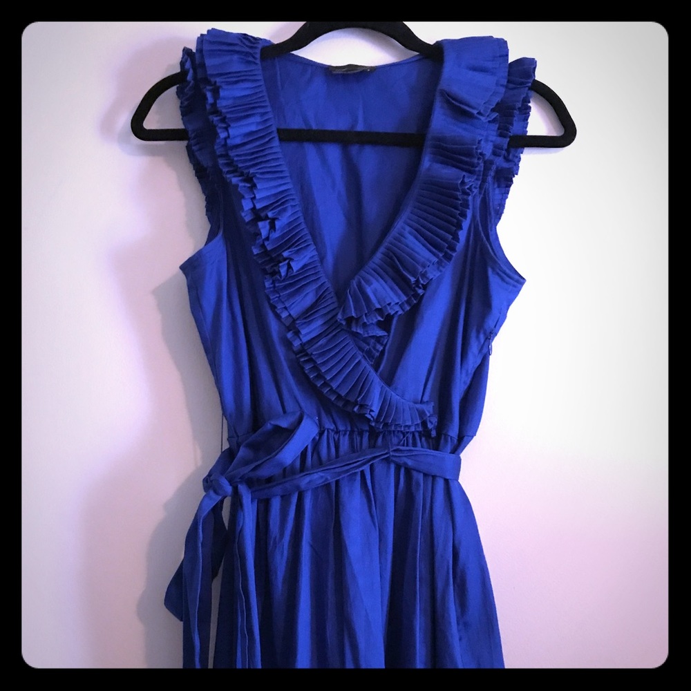 Royal Blue Ruffle Neck Faux Wrap Dress w/ belt